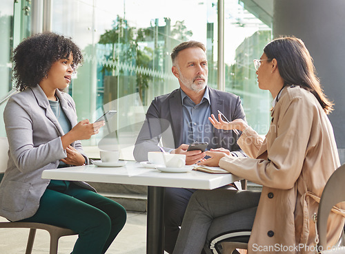 Image of Business people, cafe and meeting for discussion, question or team building for planning in city. Businessman, women and teamwork at coffee shop with listening for vision, brainstorming or strategy