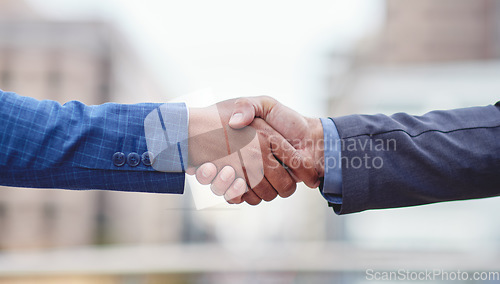 Image of Handshake, business people and motivation of staff with success, agreement and partnership. Teamwork, collaboration and deal of businessman with a greeting and yes hand sign with shaking hands