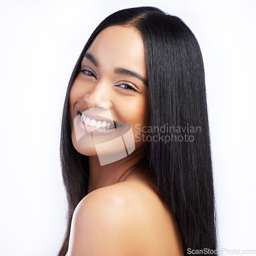Image of Beauty, happy face and straight hair of woman in studio isolated on a white background for skincare. Portrait, haircare and female model in natural makeup, cosmetics and salon treatment for hairstyle