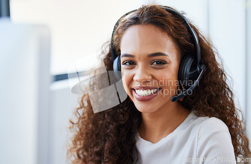 Image of Call center, consulting and portrait of woman in office for telemarketing, customer service and ecommerce help desk. Advisory, sales and contact us with female consultant at computer for crm agent