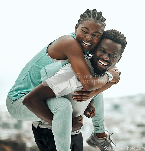 Image of Black people, piggyback and couple hiking outdoor with smile and fitness in portrait. Excited, travel and workout together with trekking, man with woman and happiness in relationship with exercise