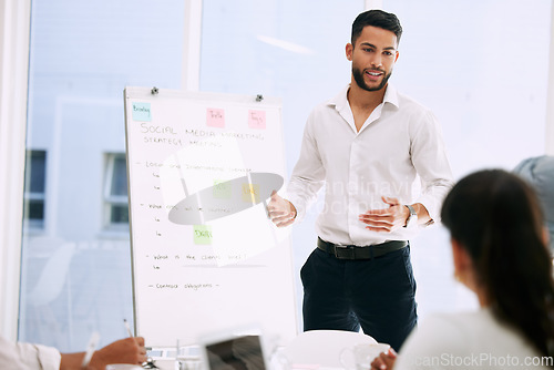 Image of Whiteboard, presentation and business people with manager in meeting for social media marketing, ideas and planning. Presenter or man speaking to employees, creative agency and training for project
