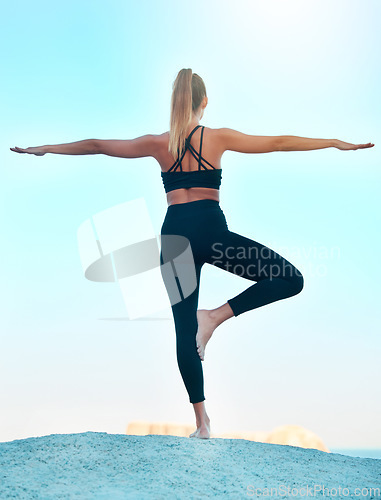 Image of Back, yoga and woman outdoor, meditation and exercise with wellness, stretching and health. Female person, athlete and girl outside, pilates training and workout goal with fitness, chakra and peace