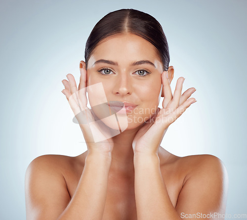 Image of Face, smooth skincare and beauty of woman in studio isolated on a white background. Portrait, natural and female model in makeup, cosmetics or facial treatment for skin health, aesthetic or wellness