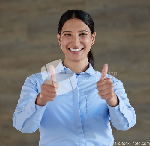 Image of Portrait, business woman and thumbs up for success isolated on wood background for support, like or okay sign. Happy face of person in Mexico or winner with yes, winning and agreement hands or emoji