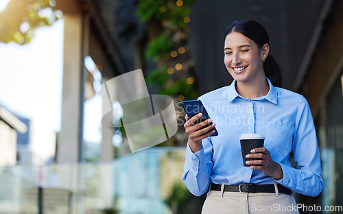 Image of Phone, coffee and business woman in city for communication, social media or networking outdoor. Professional person on mobile, internet or reading email, Web 3.0 and news of job or career opportunity