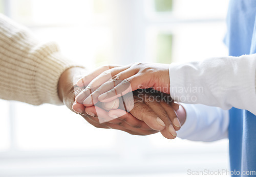 Image of Holding hands, senior patient and nurse for support, healthcare or empathy at nursing home. Elderly person and caregiver together for trust, homecare and counseling or help for health in retirement