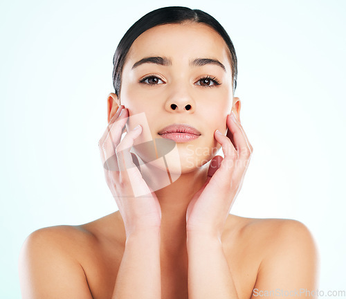 Image of Face, skincare and confident woman in studio isolated on white background. Portrait, natural beauty and female model with makeup, cosmetics or facial treatment for healthy skin, wellness or aesthetic