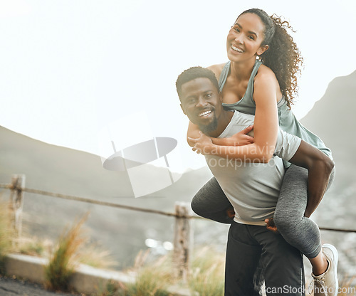 Image of Couple outdoor, happy with piggyback and fitness, smile in portrait and interracial people train together. Mockup space, health and black man with woman, trust in relationship and exercise in nature