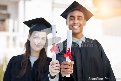 Image of Graduation portrait, diploma and couple of friends in college, education success and achievement or scholarship. Award, certificate and graduate, university students or face of people for study offer