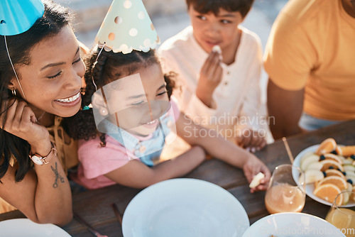 Image of Birthday, mother and children with food in park for event, celebration and party outdoors together. Family, fun social gathering and happy mother with kids at picnic with cake, presents and snacks