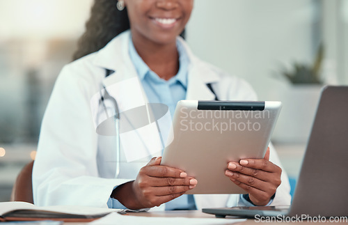 Image of Tablet, doctor hands and black woman with research, healthcare and telehealth in hospital. Technology, medical professional and person with wellness email, reading health info or online consultation.