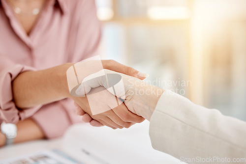 Image of Closeup, business and women with handshake, cooperation and collaboration with partnership. Zoom, female people and staff shaking hands, teamwork and coworkers with agreement, planning and contract