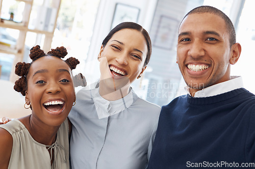 Image of Business people, diversity and professional friends in selfie, happy in portrait with team, solidarity and motivation. About us, corporate group of women and man in the office with smile in picture