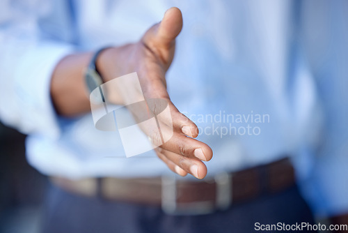 Image of Hand shake, professional partnership and introduction, recruitment closeup and onboarding with congratulations. Collaboration, business person and opportunity with hiring, welcome and mockup space