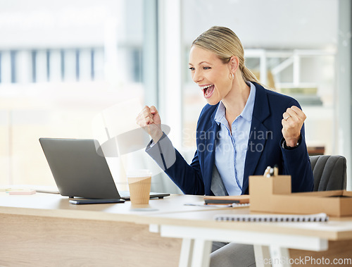 Image of Business, woman and excited at achievement at a desk with success at the office with laptop. Celebrate, female professional and good news at a company with promotion for happiness with a computer.