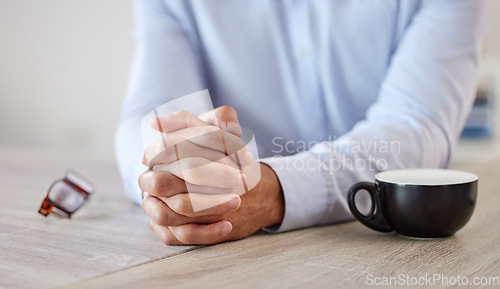 Image of Stress, frustrated and hands of business person in office for worry, anxiety and mental health problems. Tired, fear and fatigue with closeup of employee resting at desk for failure and depression