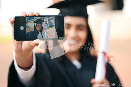 Image of Selfie, certificate and woman with phone in graduation event due to success or achievement on college or university campus. Graduate, happy and young person or student with an education scholarship