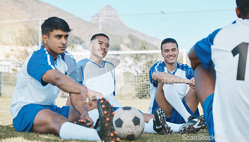 Image of Stretching, sports group or soccer team on field for fitness training or exercise outdoor. Football player, club and diversity athlete people with focus for sport competition, workout or warm up