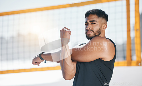 Image of Thinking, stretching and man at beach for exercise in volleyball game, training or workout. Fitness, sports and athlete in muscle warm up, preparation or ready to start match, competition or sport