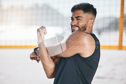 Image of Stretching, exercise and man at beach for volleyball game, training or workout. Fitness, sports and athlete thinking in muscle warm up, preparation or ready to start match, competition or sport