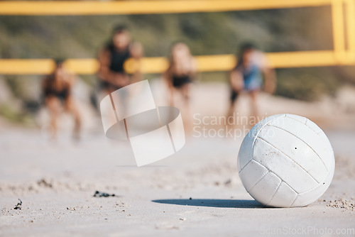 Image of Beach volleyball, sports and on the sand in summer for fitness, fun and vacation games. Health, nature and a ball by the ocean for sport training, cardio or competition on a holiday or travel