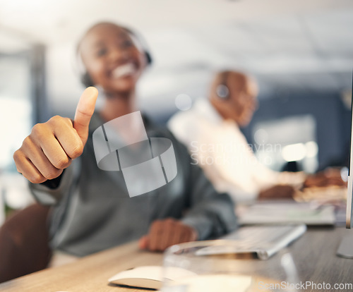 Image of Thank you, African woman with thumbs up and headset at her workplace in a office for success. Congratulations or support, telemarketing or crm and call center agent with emoji hand for motivation