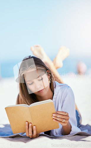 Image of Book, beach and woman reading on vacation, holiday or summer travel in nature outdoor with mockup space. Relax, novel and person at sea or ocean coast for calm, peace and freedom for break in Bali.