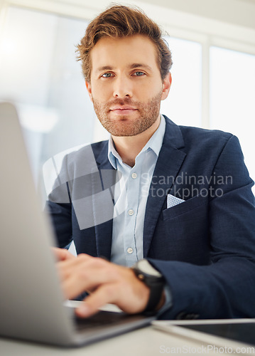 Image of Office laptop, portrait and business man typing, working and review online account information, sales report or research. Confidence, administration and professional person check web database record