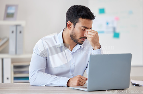 Image of Businessman, laptop and headache in stress, fail or mistake from depression at office desk. Frustrated and tired asian man by computer with anxiety, debt or bankruptcy in mental health at workplace