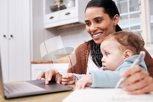 Image of Computer, baby and work from home mom writing, child care and planning business, job and family support in happy multitask. Laptop, typing and busy mother or freelance person with career and child