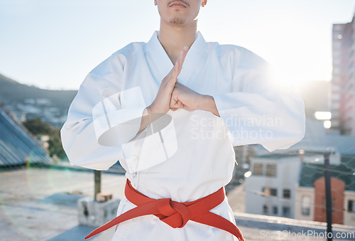 Image of Karate, exercise and discipline with a sports man in gi, training in the city on a blurred background. Fitness, respect or bow with a male athlete during a self defense workout for health closeup