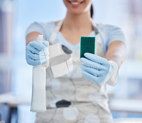 Image of Hygiene, woman with sponge and bottle with detergents at her home with rubber gloves. Healthcare or germs, clean for bacteria and female person with cleaning equipment for health wellness at house