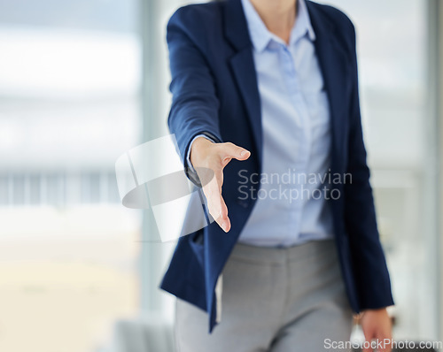 Image of Closeup, business and woman with handshake, cooperation and negotiation with collaboration, agreement or partnership. Zoom, female person or confident employee shaking hands, opportunity or promotion