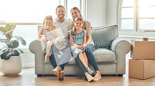 Image of New home, sofa and portrait of parents and children in living room for bonding, quality time and relax together. Happy family, support and mom and dad with girls for care, love and smile in house