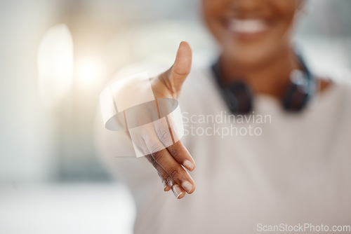 Image of Extended hand, business or handshake for deal, partnership or welcome greeting. Hands of entrepreneur person for hr recruitment or hiring and trust, agreement or congratulations for promotion success