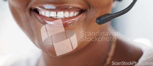 Image of Call center, microphone and mouth of a woman agent for telemarketing, sales or crm work. Smile of a woman consultant with a headset for customer service, contact us and help desk support or advice