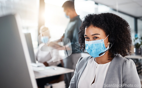 Image of Call center, agent and woman with a mask, telemarketing and consulting with safety, protection and customer service. Female person, agent and consultant with face cover, regulations and tech support