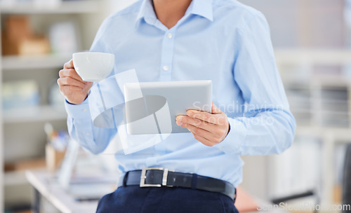 Image of Closeup, business and man with a tablet, planning and search internet with entrepreneur, online reading and break with coffee. Male person, employee or consultant with technology, tea or website info