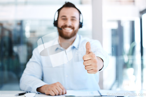 Image of Happy man, call center and hand in thumbs up for success, winning or approval at the office. Portrait of businessman, consultant or agent with thumb emoji, yes sign or like for good job at workplace