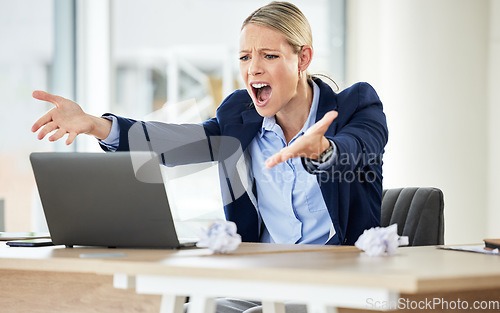 Image of Business, screaming and woman with anger, laptop and error with connection issue, frustrated and glitch. Female person, consultant and employee with a pc, angry and shouting with a problem and stress