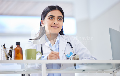 Image of Healthcare, woman and doctor writing, thinking or planning with ideas, innovation or schedule. Female person, employee or medical professional with thoughts, deadline or laptop with wellness or notes