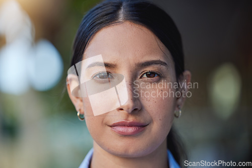 Image of Woman, serious and portrait in a closeup with thinking in the outdoor with an idea in mexico. Face, female person and beauty with focus and calm with vision, eye and skin with concentration for goal.