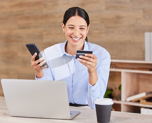 Image of Happy business woman, phone and credit card for online shopping, payment or banking at the office. Excited female person, shopper or employee with smile in ecommerce on mobile smartphone at workplace