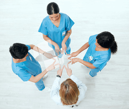 Image of Above, star or hands of doctors in hospital with teamwork in nurses collaboration for healthcare goal. About us, team building or top view of medical group with support shape, motivation or mission