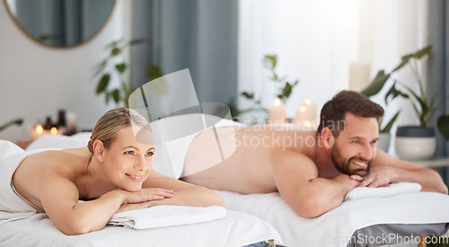 Image of Love, relax and massage with a couple in spa for wellness treatment at a luxury resort on vacation. Bed, zen and beauty therapy or romantic partners or customers and wait for masseuse on holiday