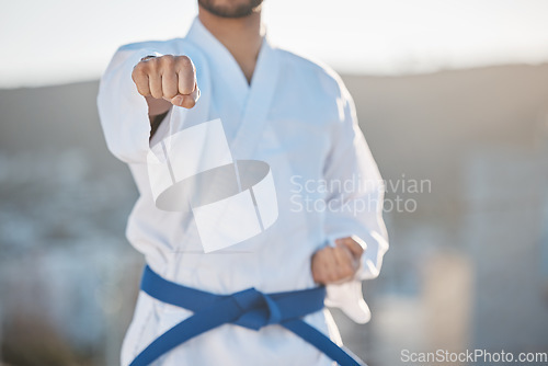 Image of Karate, fitness and fighting with a sports man in gi, training in the city on a blurred background. Exercise, discipline or strong with a male athlete during a self defense workout for health closeup