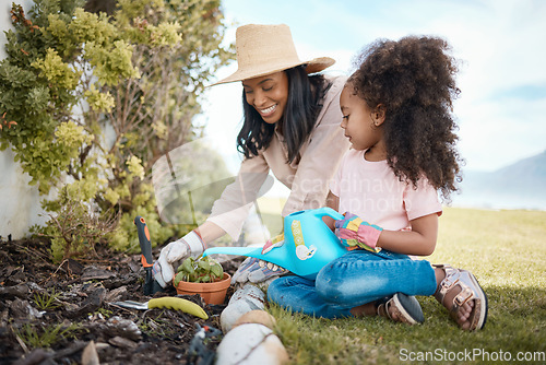 Image of Gardening, mother and child water a plant in backyard learning environmental, organic and nature skills. Landscaping, family and happy girl with mom watering and planting sprout in soil for growth