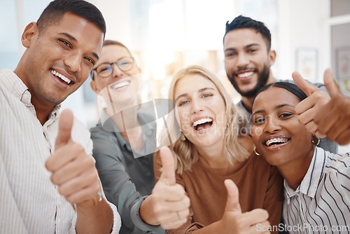 Image of Group, business people and thumbs up in startup portrait, diversity and solidarity for smile, teamwork or goals. Men, women and agreement with hand, sign language or emoji for collaboration at office