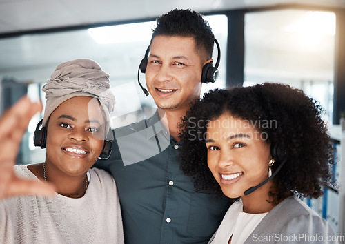 Image of Selfie, call center and happy team together for telemarketing, sales and crm work. Face of diversity women and a man for social media photo as contact us, customer service and help desk support staff